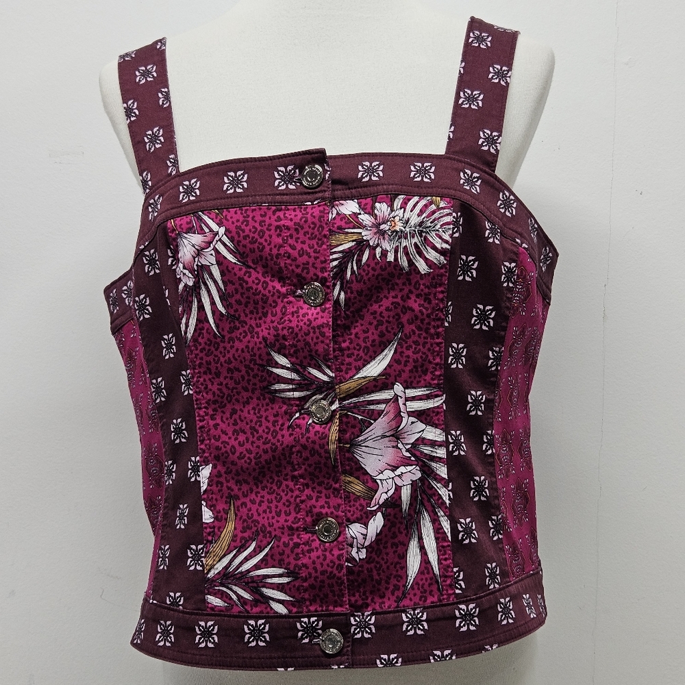 WHBM Floral Trucker Front Corset Tank Sz. 14 Pink Maroon Patchwork Boho Festival
